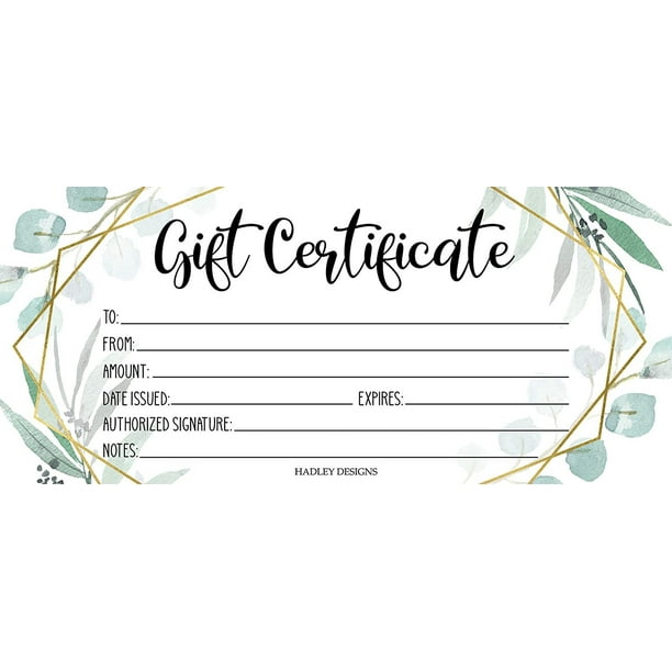 25 Geometric Greenery Blank Gift Certificates for Small Business, Paper Voucher for Massage, Hair & Nail Salon Spa, Restaurants, and DIY Coupon Cards ...