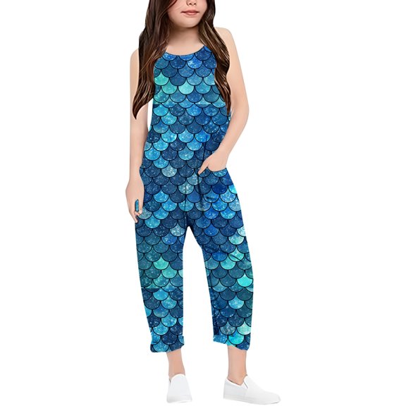 Girls Fish Scale Print Sleeveless Casual Jumpsuit – Soft Breathable One Piece Outfit With Relaxed Fit Design and Side Pockets, Lightweight Spring Summer Travel Wear
