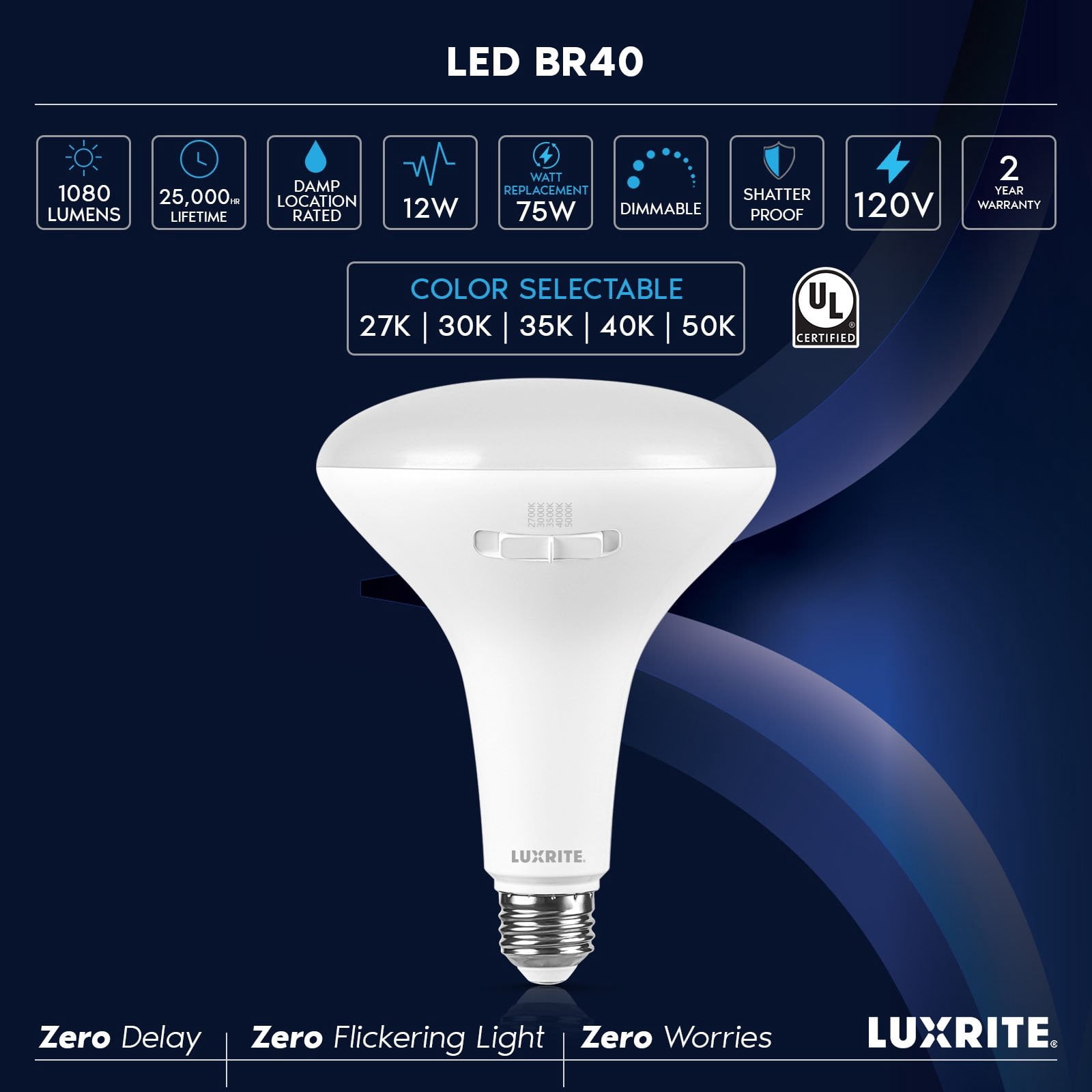 Luxrite BR40 LED Light Bulb 12W=90W 5CCT Dimmable 1080 Lumens LED Flood Light Bulb UL Listed E26 Medium Base 6-Pack