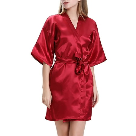 

Youmylove Women Nightgown Satin Solid Color Bandage Nightgown Cardigan Bathrobe Home Nightgown Streetwear