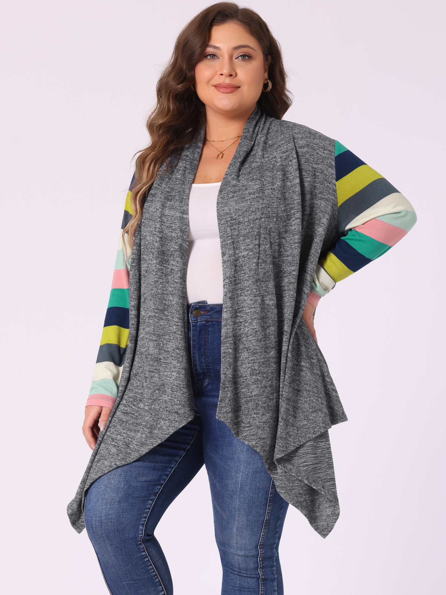 DARING DIVA Plus Size Striped Open Front Knit Cardigan Sweaters Shrugs 1X Dark Grey