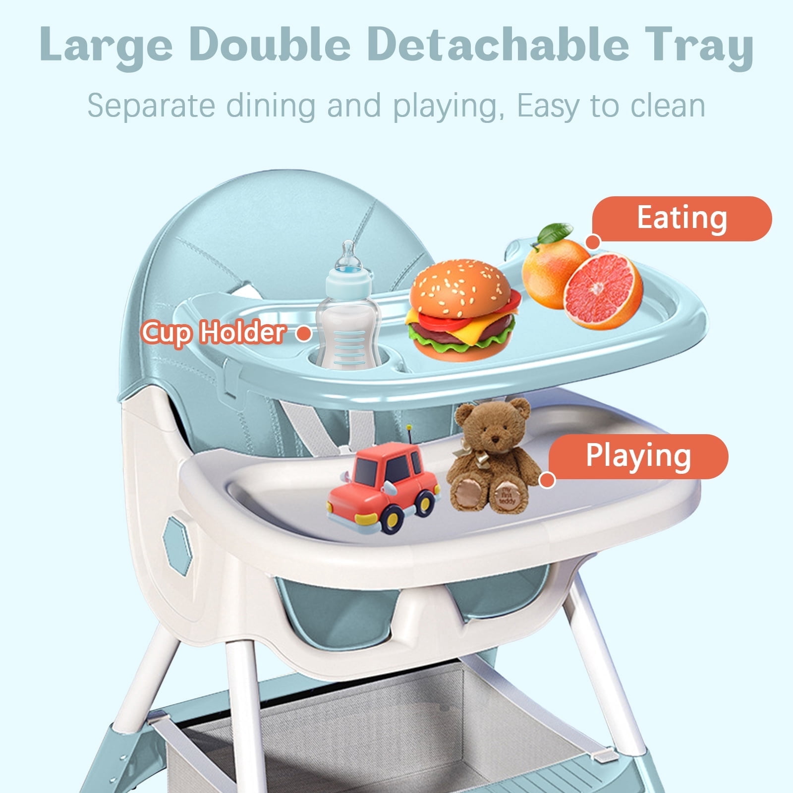 PUEDO 4-in-1 Baby High Chair Portable Toddler Dining Chairs Eat & Play Convertible Highchair with Adjustable Tray, Green