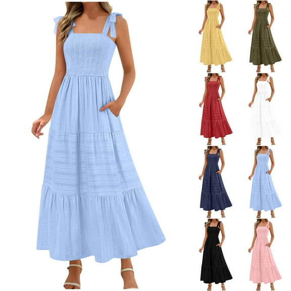 Wiyuqeen Ruffle Dresses Maxi Dresses for Women Solid Spaghetti Strap Tunic Dress Square Neck Tie Smocked Dresses with Pockets