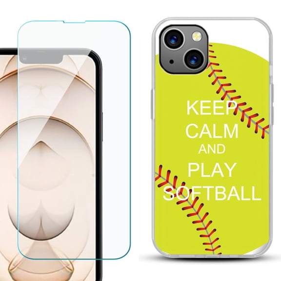 Slim-Fit Flexible TPU Gel Phone Case for iPhone 13, with Tempered Glass Screen Protector, by OneToughShield ® - Keep Calm Softball