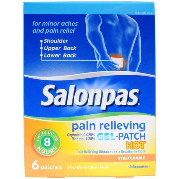 Salonpas Pain Relieving Gel Patches HOT for Back, Neck, Shoulder, Knee Pain and Muscle Soreness, 6 each