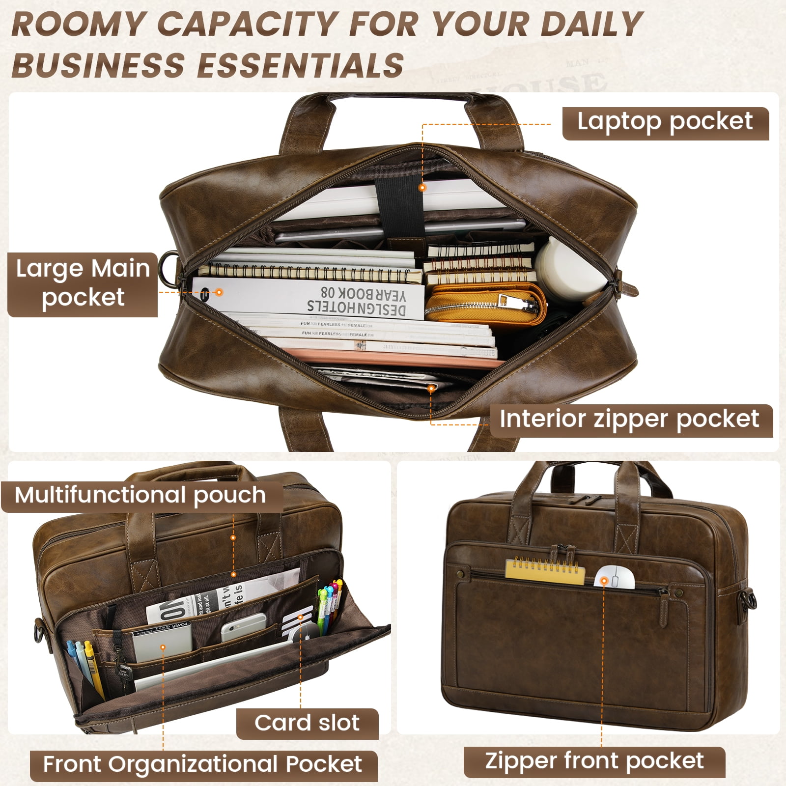 RAINSMORE Messenger Bag for Men 16 Inch Laptop Bag Leather Briefcase Vintage Crossbody Shoulder Office Computer Bag Retro College Satchel Bag for Work, Business, Brown