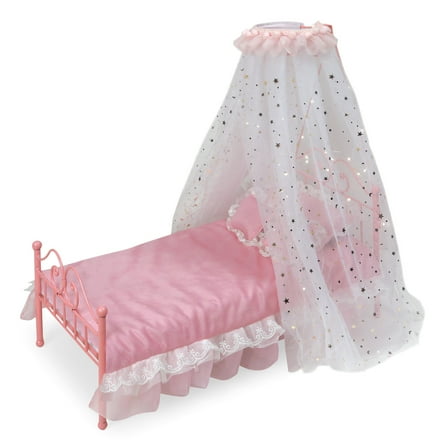 Badger Basket Starlights Metal Bed with Canopy, Lights and Bedding for 18 inch Dolls - Pink