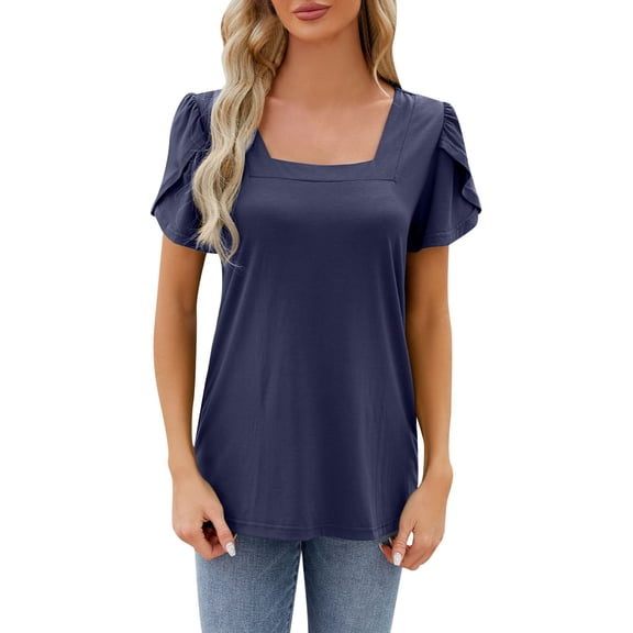 Women Pleated Blouses And Tops Casual Square Neck Short Sleeve Loose Fit Tee Summer Comfortable Shirts Flowy Tops