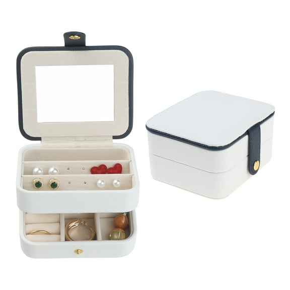 REGALWOVEN 2 Layer Accessory Box with Mirror, PU Leather Accessory Organizer Case Storage Display Holder White