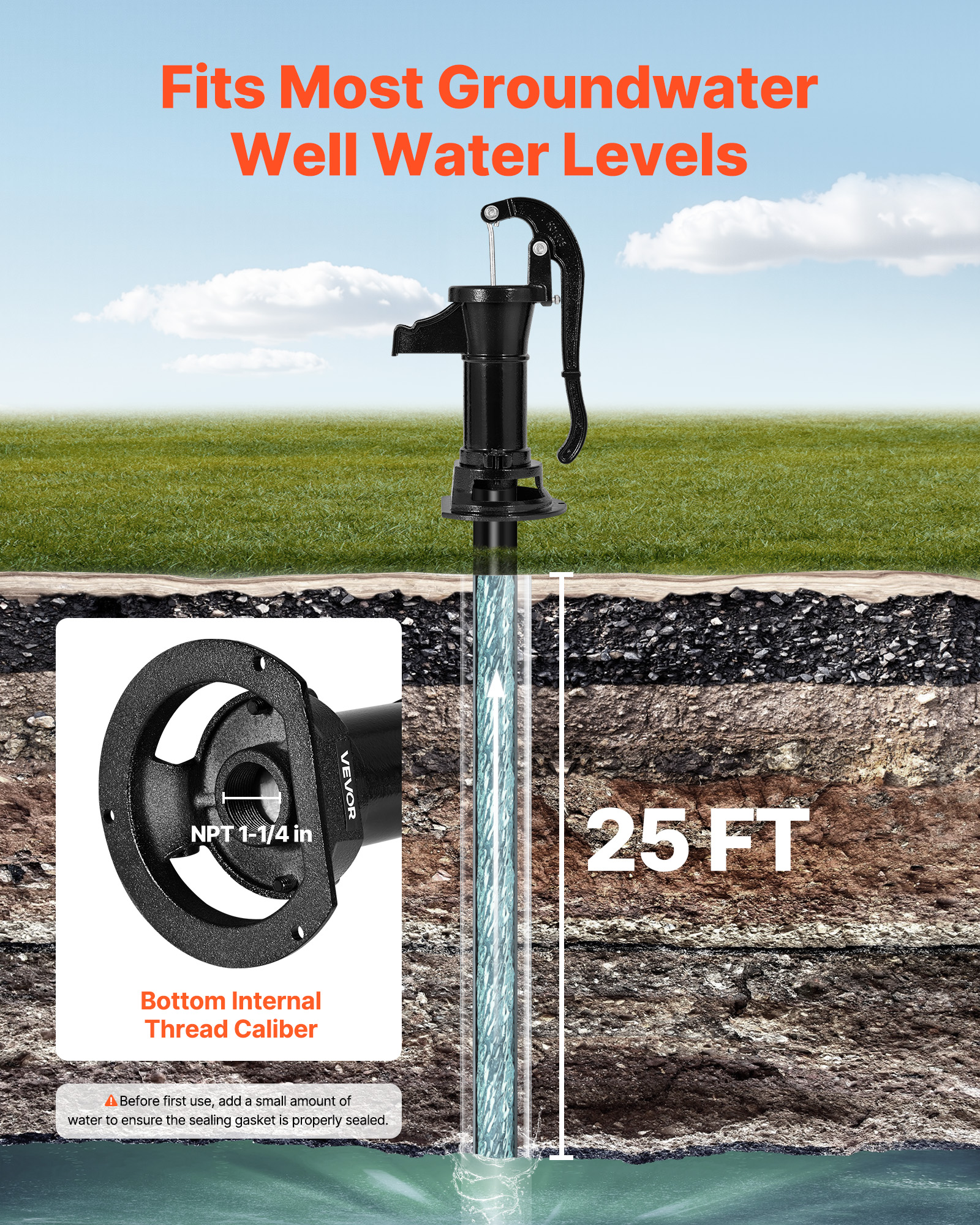 VEVOR Well Hand Pitcher Pump, 25 ft Maximum Lift, Antique Cast Iron Manual Hand Water Pump, NPT 1-1/4 in Connection, Easy Installation, Old Fashioned for Outdoor Garden, Pond, Backyard, Farm, Black