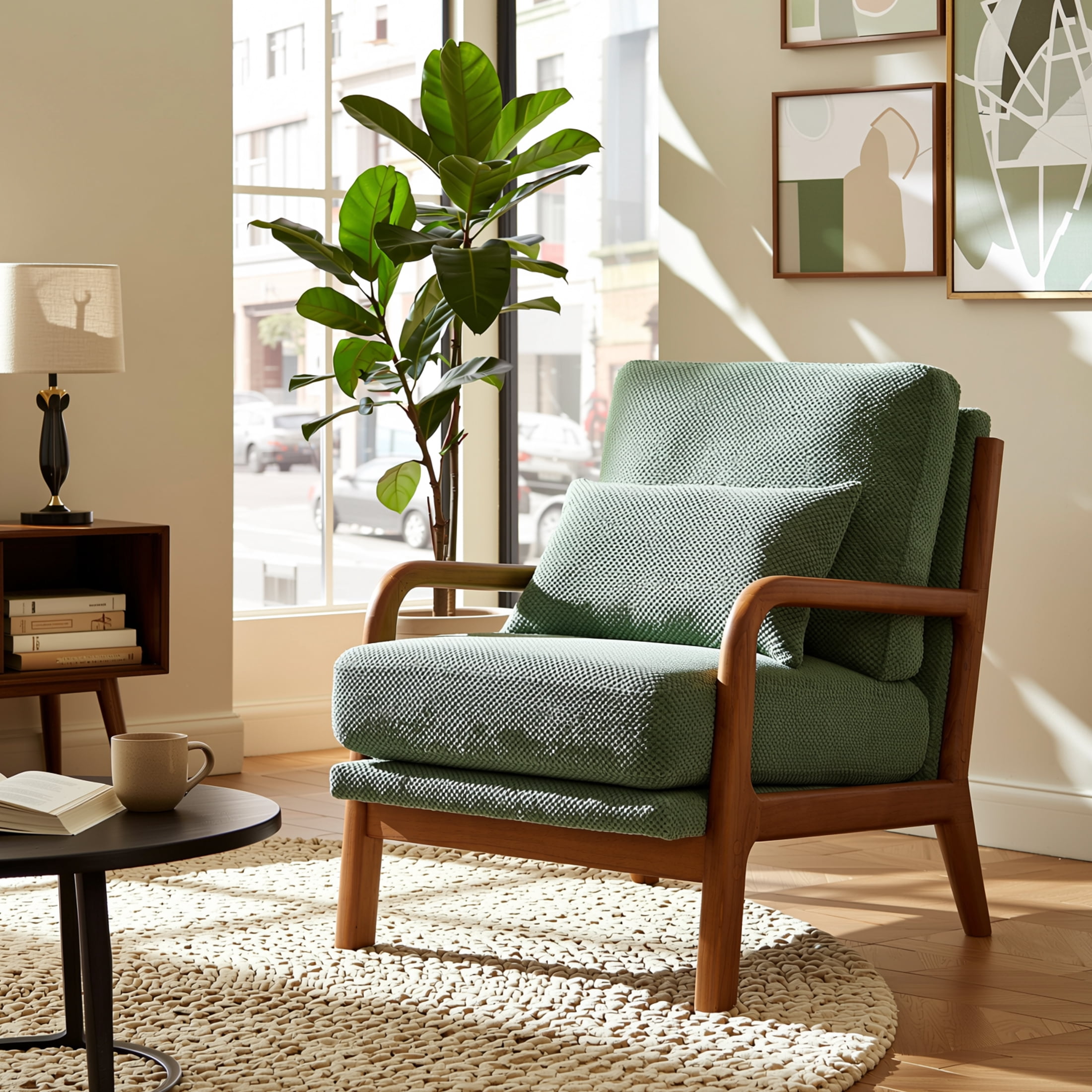 Homy Casa Mid-Century Accent Chair, Comfy Upholstered Reading Chair with Solid Wood Arms, Green