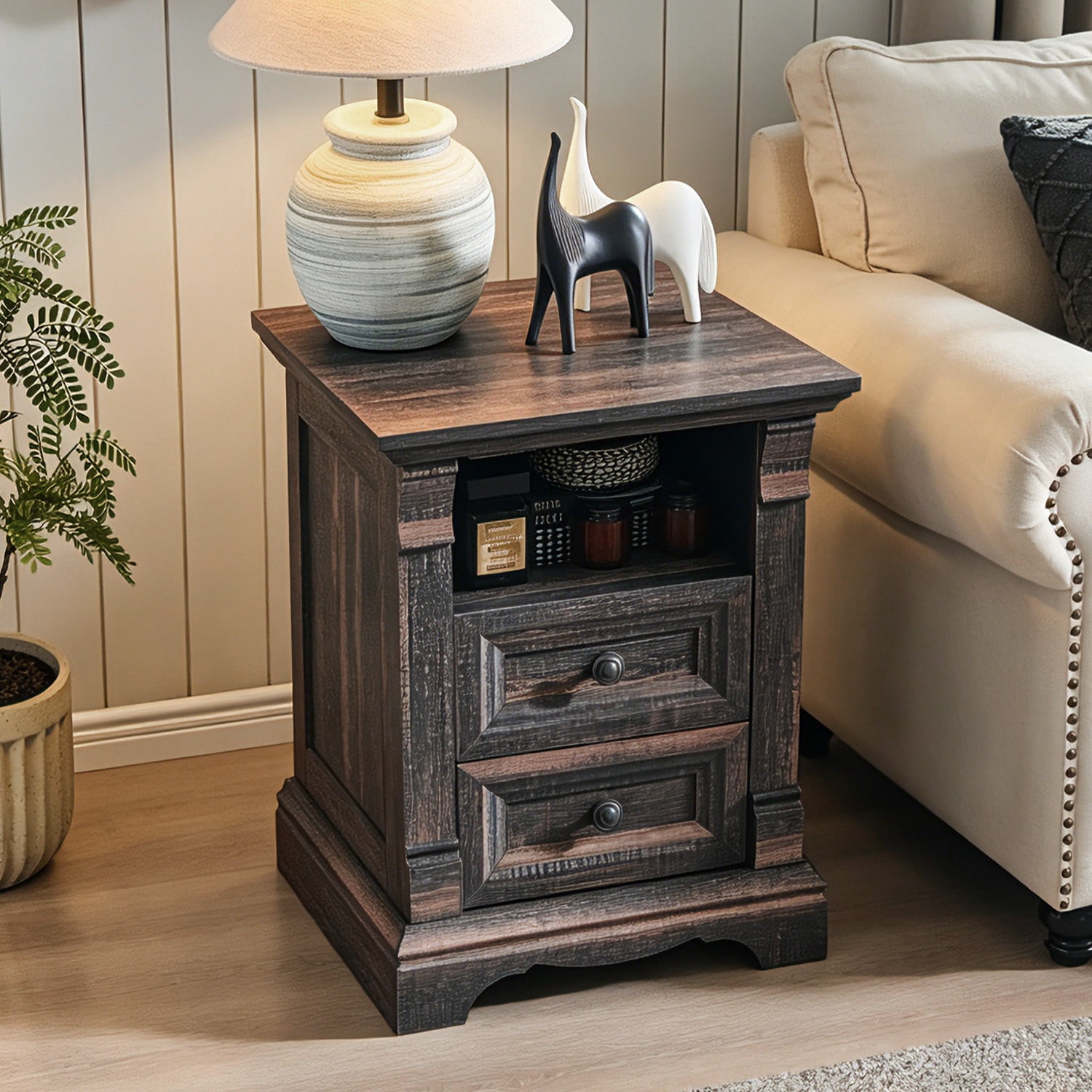 KeyWhat Farmhouse 2-Drawer Nightstand with Charging Station, 18" Wooden End Table for Bedroom, Living Room, Dark Rustic Oak