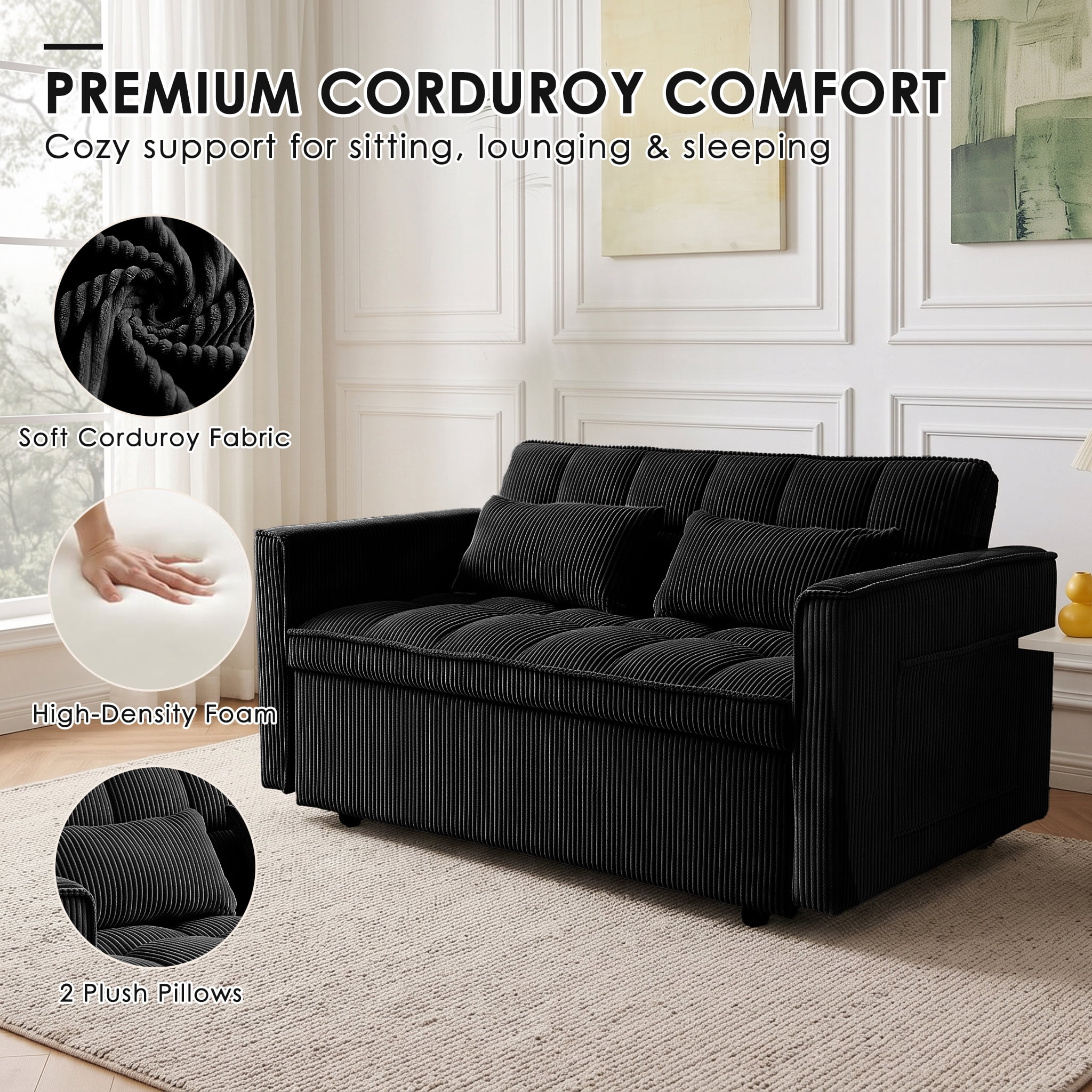 AISWORD Sleeper Sofa Bed, 3-in-1 Convertible Pull Out Couch with Adjustable Backrest for Living Room, Loveseat Sofa Bed with Side Pockets, Black