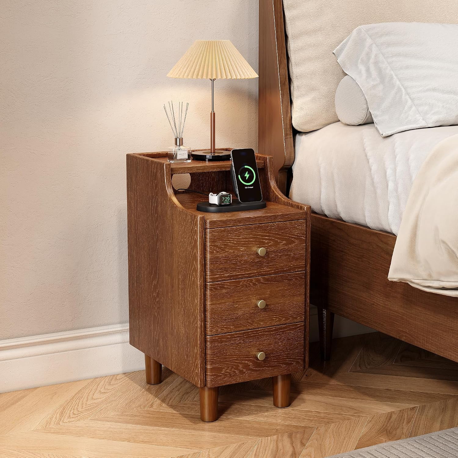 Narrow Nightstand with 3 Drawers Solid Wood Slim Bedside Table