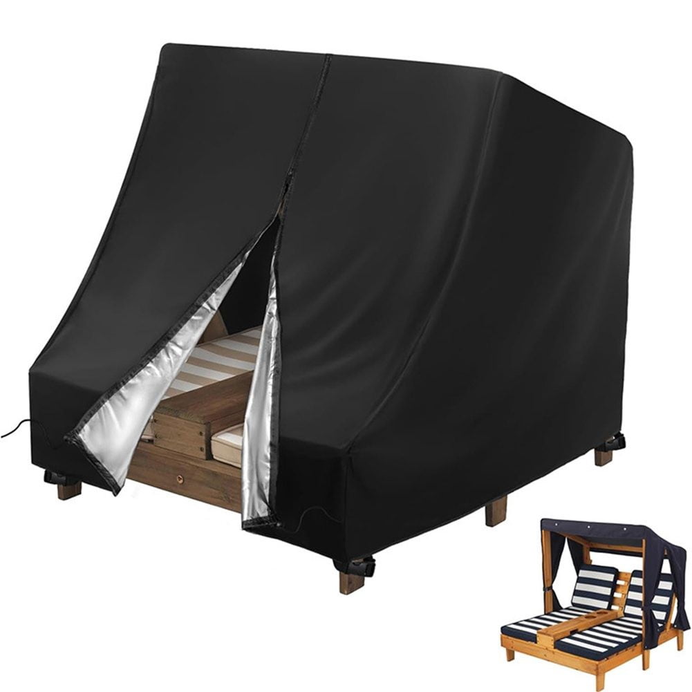 Waterproof Double Chaise Lounge Cover for Outdoor Patio Furniture, 34\"L x 37\"W x 34\"H, Black Oxford Fabric, Wind-Resistant with Drawstring and Buckles