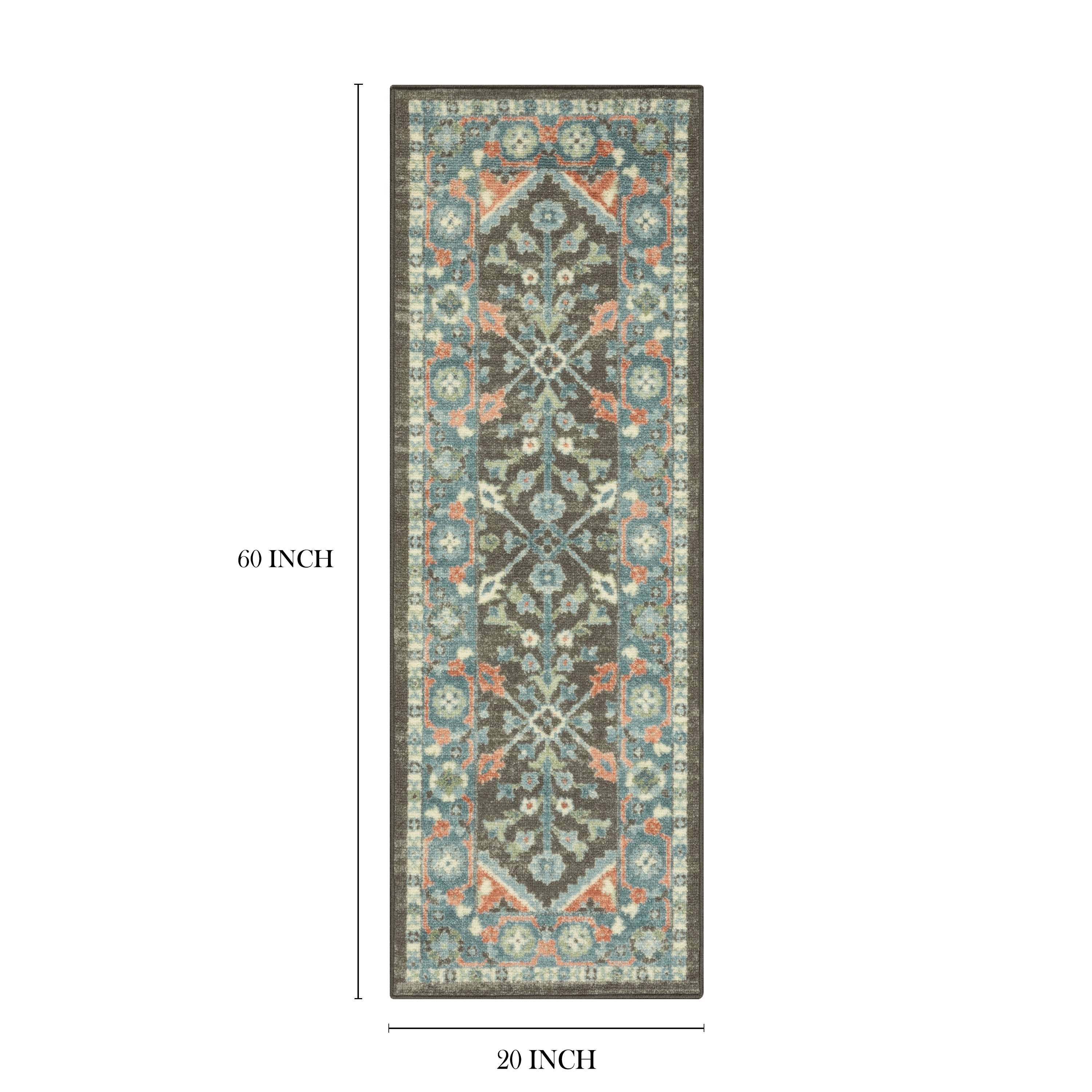 Mainstays Persian Border Medallion Loop Print Gray Aqua Indoor Runner Rug, 1'8" x 5'