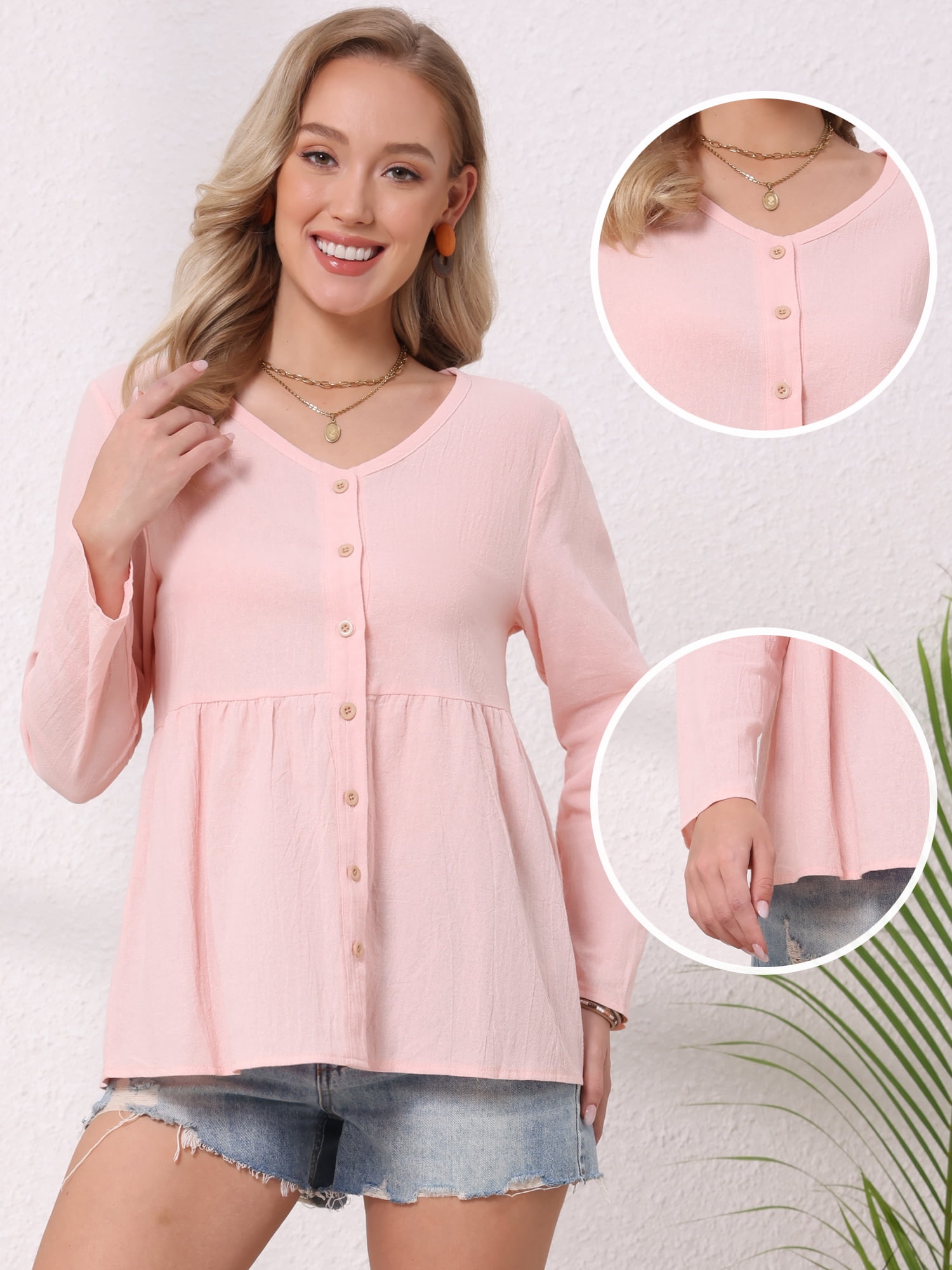 DARING DIVA Women's Button Down Blouse Long Sleeve V Neck Lightweight Top M Pink