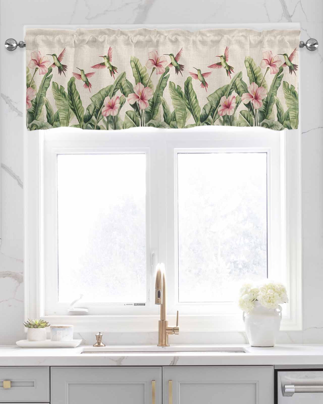 Summer Flowers Kitchen Valances for Windows Farmhouse Linen Window Valance Curtain for Living Room Window Treatment Retro Country Tropical Palm Leaves Birds Valance Rod Pocket Topper, 54 x 18 Inch