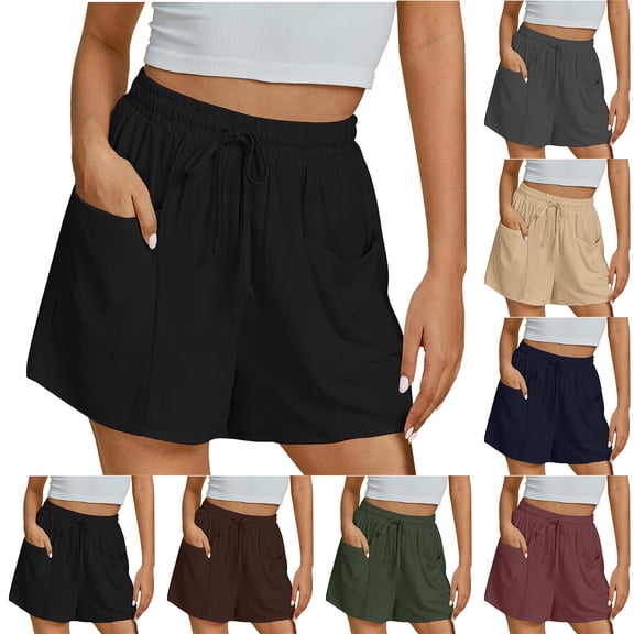 TAGOLD Women's Summer Athletic Shorts Pants,Casual Plus Size Short Pants for Womens,Women's Linen Shorts Solid Color Comfortable Elastic Wide Leg Casual Shorts