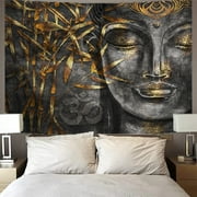 Gray Buddha Tapestry,Gold Bamboo Style Zen Wall Decor for Living Room,Home Decor 79"W x 59"H