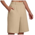 thumbnail image 3 of larppty Women's High Waisted Pleated Bermuda Shorts with Pockets, Casual Knee-Length Summer Shorts（Khaki， L）, 3 of 9