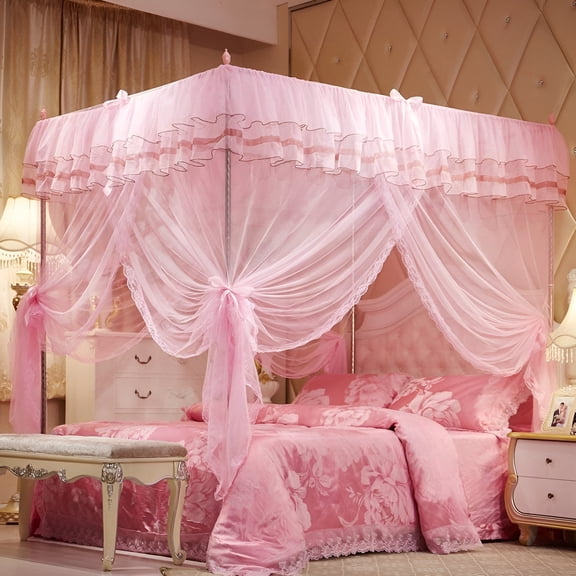 XIBUFE Pink Canopy Bed Curtain for Girls 45 Inch Square Sheer Netting, 4 Corner Post Princess Bed Canopy With Satin Ribbons and Screw Hooks, Fits Twin and Twin XL Beds, Polyester Blend 82 Inch Tall
