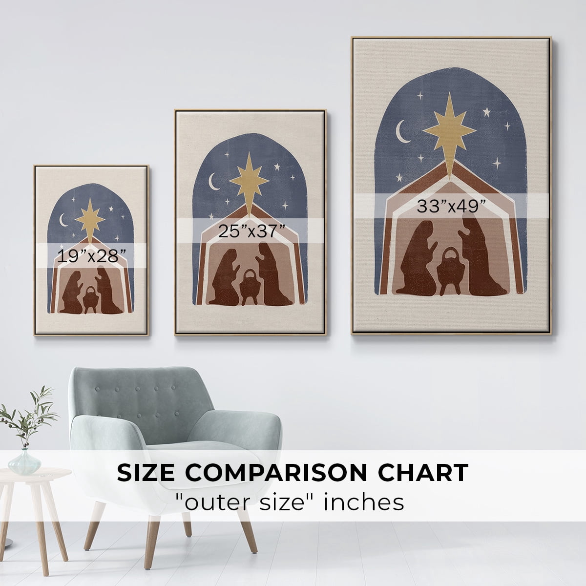 Boho Nativity I - Framed Gallery Wrapped Holiday Canvas - 27 x 41 - Natural Wood Frame