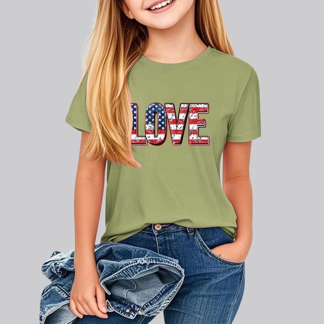 hengsof T-Shirt Imprimé à Thème Patriotique pour Filles, Manches Courtes, Col Rond, Ample et Confortable, Adapté aux Enfants de 2 à 13 Ans