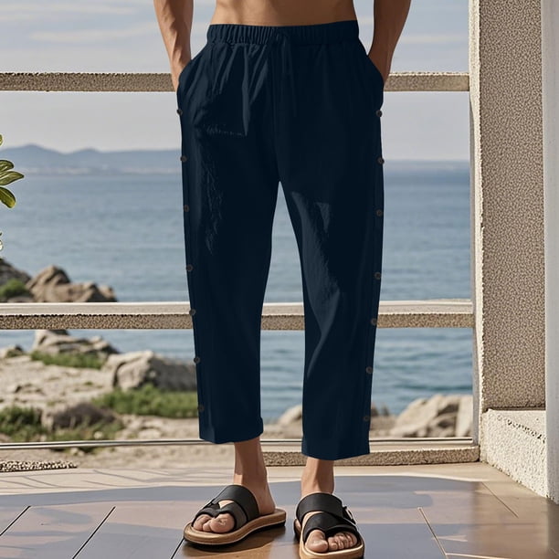 Pantalones largos para hombre, informales, de vacaciones, con bolsillo, cordón, color liso, cintura elástica, pantalones cortos para hombre