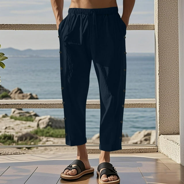 FcBaudy Full Length Pants Men's Casual Holiday Pocket Drawstring Solid Color Elastic Waist Cropped Pants Men Pants