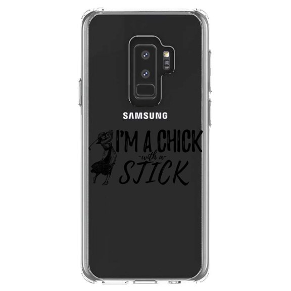 DistinctInk Clear Shockproof Hybrid Case for Samsung Galaxy S9  PLUS (6.2" Screen) - TPU Bumper Acrylic Back Tempered Glass Screen Protector - I'm a Chick with a Stick Golf