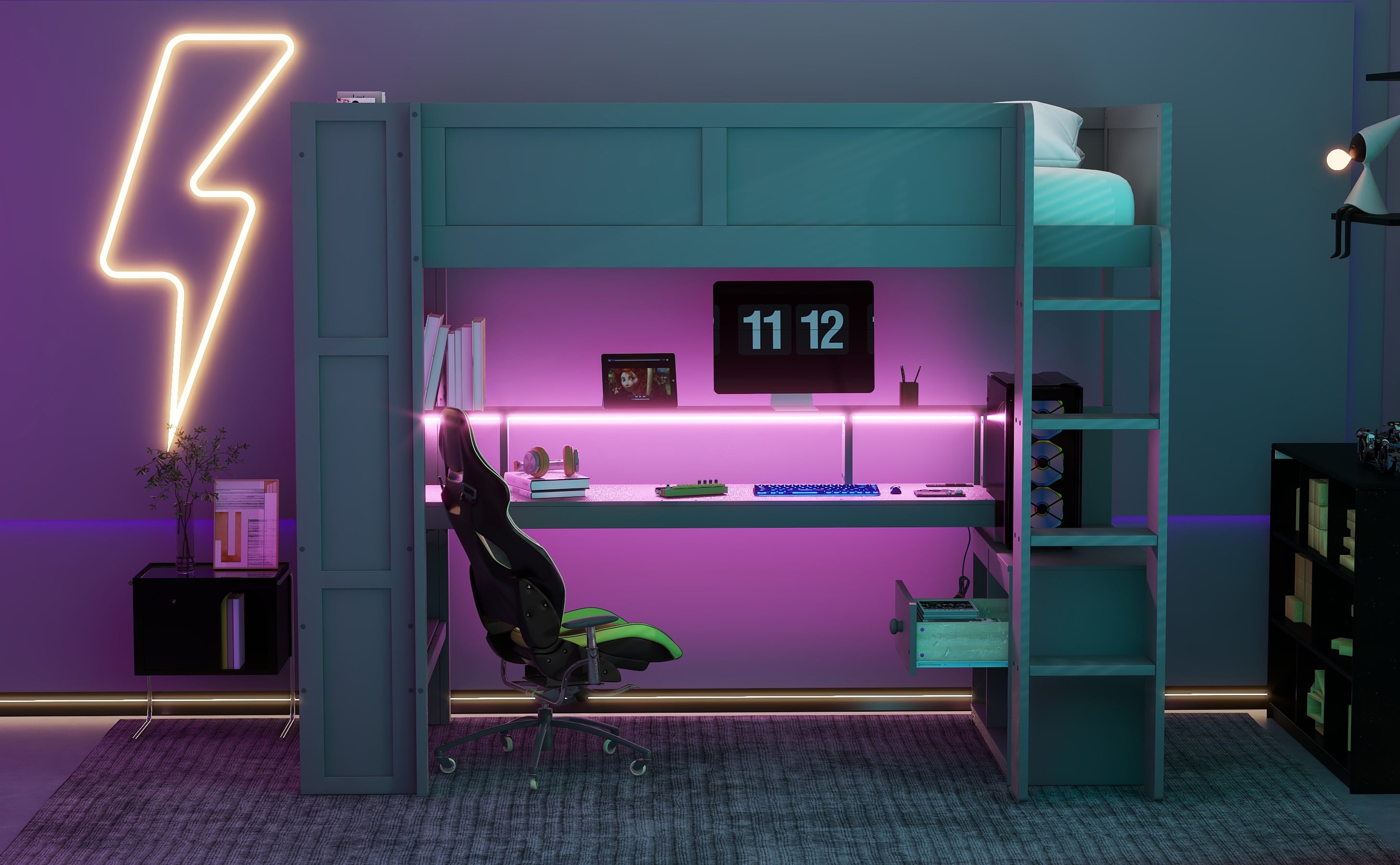 Homy Casa Wood Twin Size Gaming Loft Bed with Desk Shelves LED and Charging Station for Teen Bedrooms