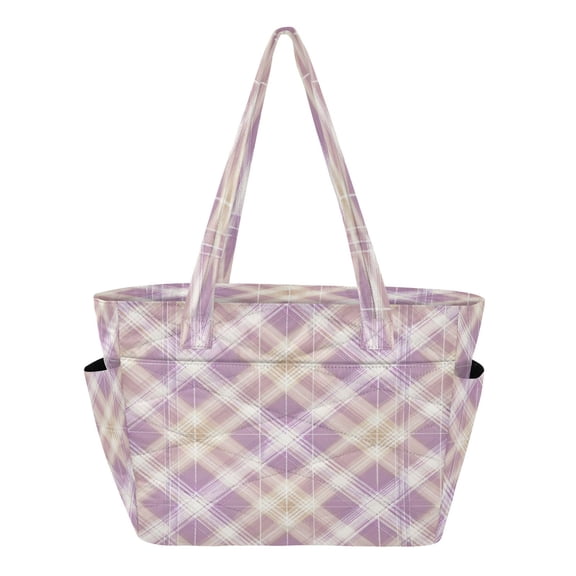 Quilted Tote Bag Large Capacity Multi-Compartment Handbag Lightweight Structured Shoulder Bag Versatile Casual Bag Light Pink Checkered Pattern
