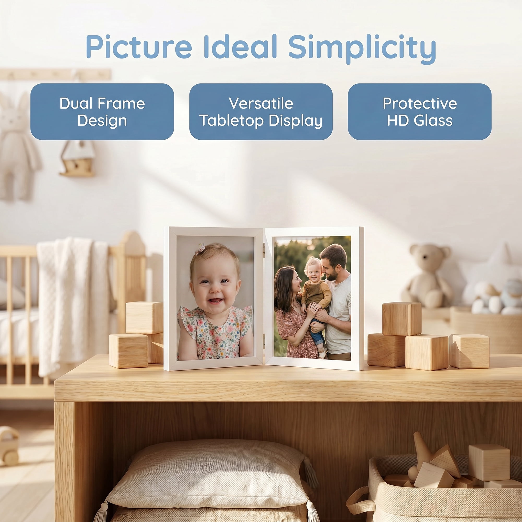Unique Bargains Folding Double Jointed Wood Photo Frame White 4" x 6"
