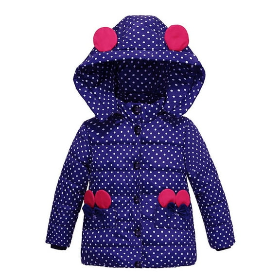 BLTIBY Baby Toddler Girls Winter Coat Warm Padded Thick Clothes Kids Fashion Comfortable Cute Dot Bow Hoodies Overcoat Outwear Dark Blue 2 Years