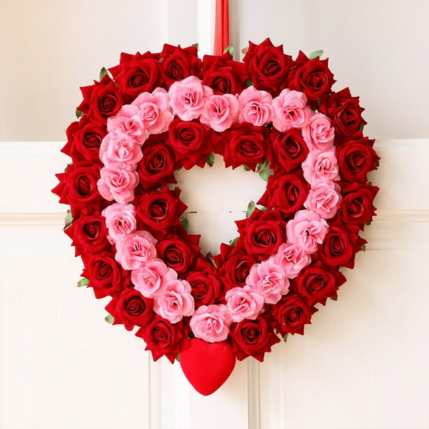 Corona de corazón para San Valentín | Decoración floral de doble capa con rosas rojas y rosas | Corona artificial de plástico para el hogar