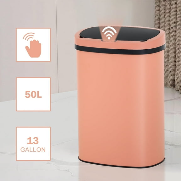 13 Gallon Trash Can Automatic Kitchen Garbage Can with Lid Touchless Sensor Waste Bin Slim No Touch Stainless Steel Trash Can for Home, Living Room, Bedroom, Office （Pink）