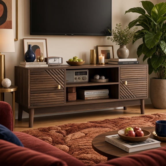 43.31 inch TV Stand, Mid-Century Modern TV Stand for 32/45 inch TV, Entertainment Center with Storage, Media Console Table for Living Room and Bedroom, Walnut