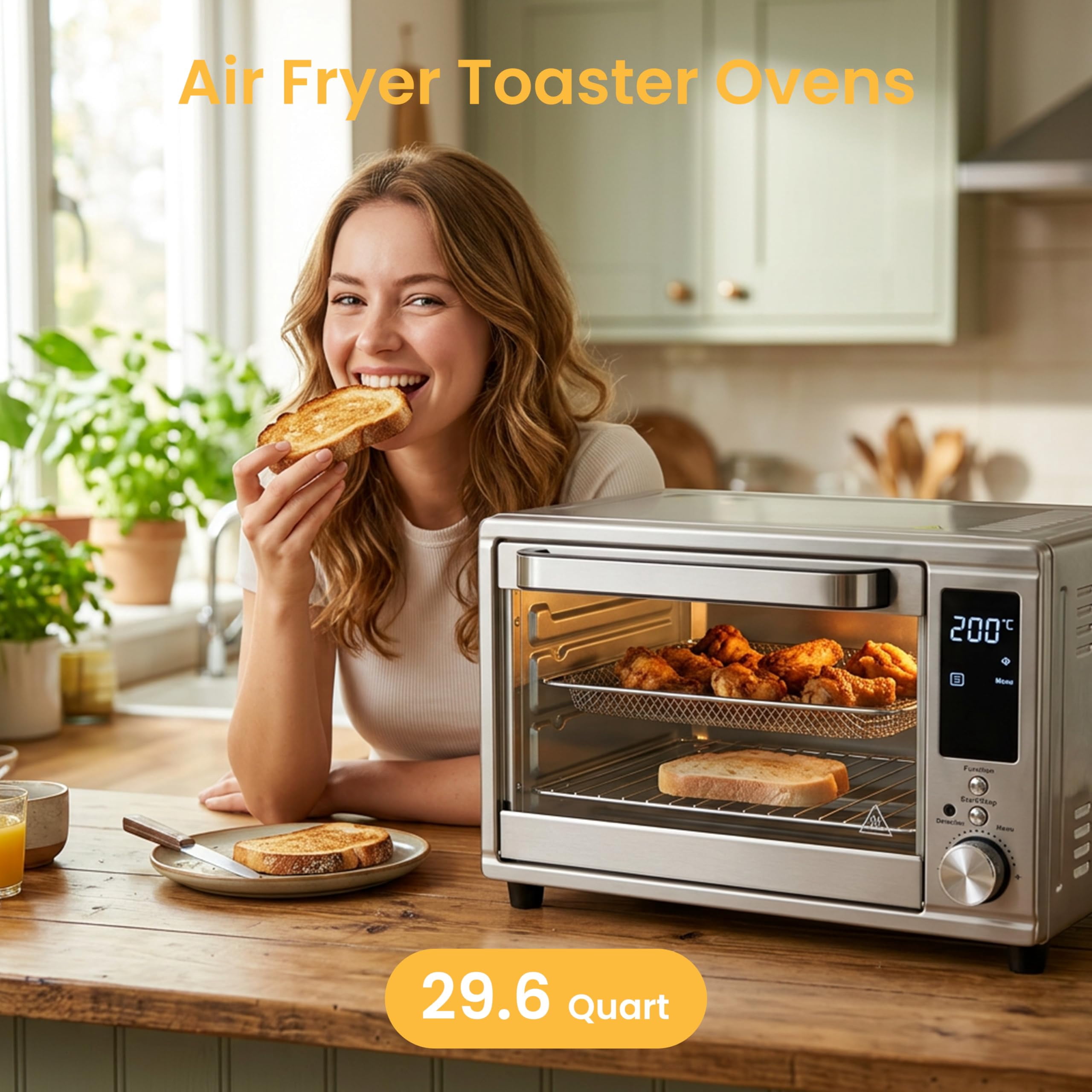 Plum Chef 30 Qt Air Fryer Toaster Oven Combo with Smart Probe, 12-in-1 Countertop Convection Oven, 450°F, Stainless Steel, Silver