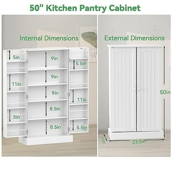 50" LED Kitchen Pantry Cabinet White Storage Cabinet Food Pantry with Doors and Adjustable Shelves Freestanding Buffet Cupboards Sideboard for Kitchen Living Room and Dinning Room
