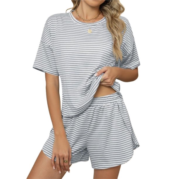 Pijama de verano for mujer, de manga corta a rayas, informal, cómodo, conjunto de 2 piezas for el hogar
