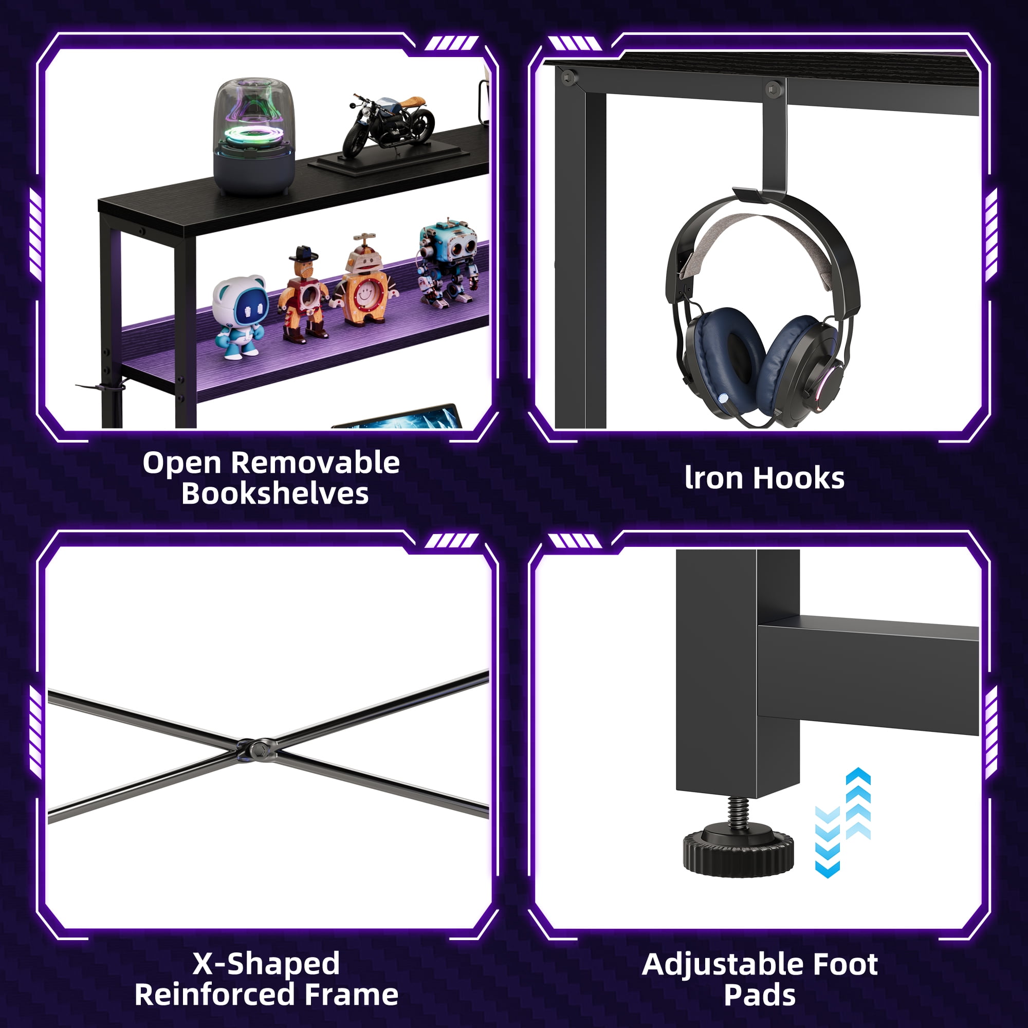 43 Inch L-Shaped Office Desk with Power Outlets, Gaming Desk with LED Lights for Home Office, Corner Computer Desk with Hutch, Black