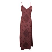 Mogul Women's Beach Maxi Dress Maroon Floral Embroidered Bohemian Sundress M