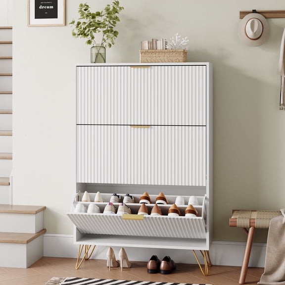 YouTrend Shoe Cabinet with 3 Flip Drawer,Fluted Wood Shoe Rack Storage Cabinet for Entryway,White