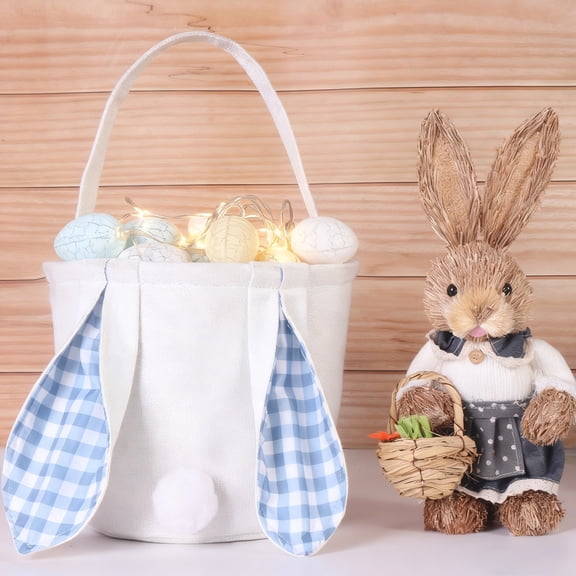 Easter Bunny Ear Gift Basket Egg Holder Decorative Storage Bin for Easter Party Decor Easter Egg Hunt Baskets for Kids Pastel Color Handled Basket for Candy Treats Snacks Home Holiday Decoration