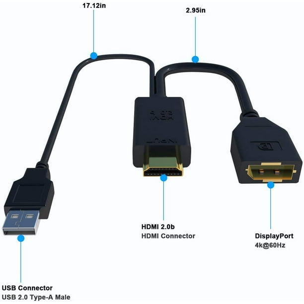 Adaptateur HDMI vers DisplayPort 4K 60 Hz, câble convertisseur VICHFA HDMI  vers DP, source HDMI 2.0 active en entrée Display Port 