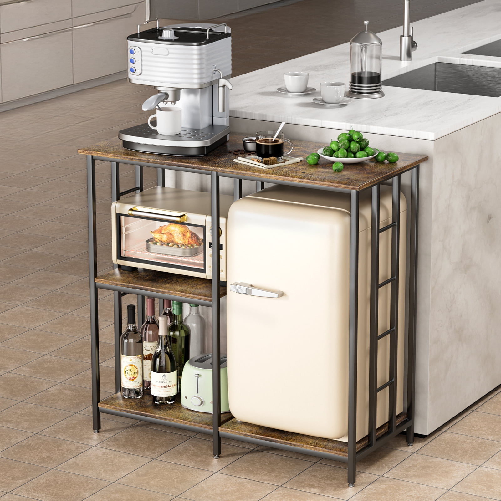 Sioweci 4-Tier Baker's Rack with Adjustable Shelves, Heavy Duty Kitchen Storage Rack, Microwave Oven Stand & Mini Fridge Stand for Living Room Office,Black