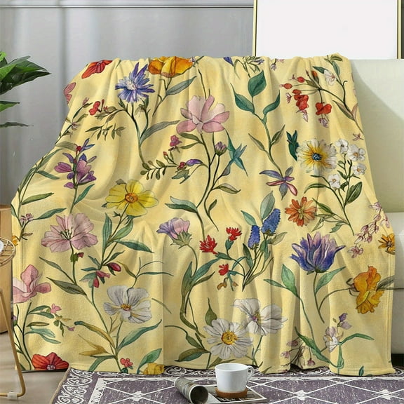 Vintage Floral Print Flannel Throw Blanket - Polyester, Digital Printing, Soft Cozy Knit All-Season Blanket for Sofa, Bed, Car, Office, Camping, Travel
