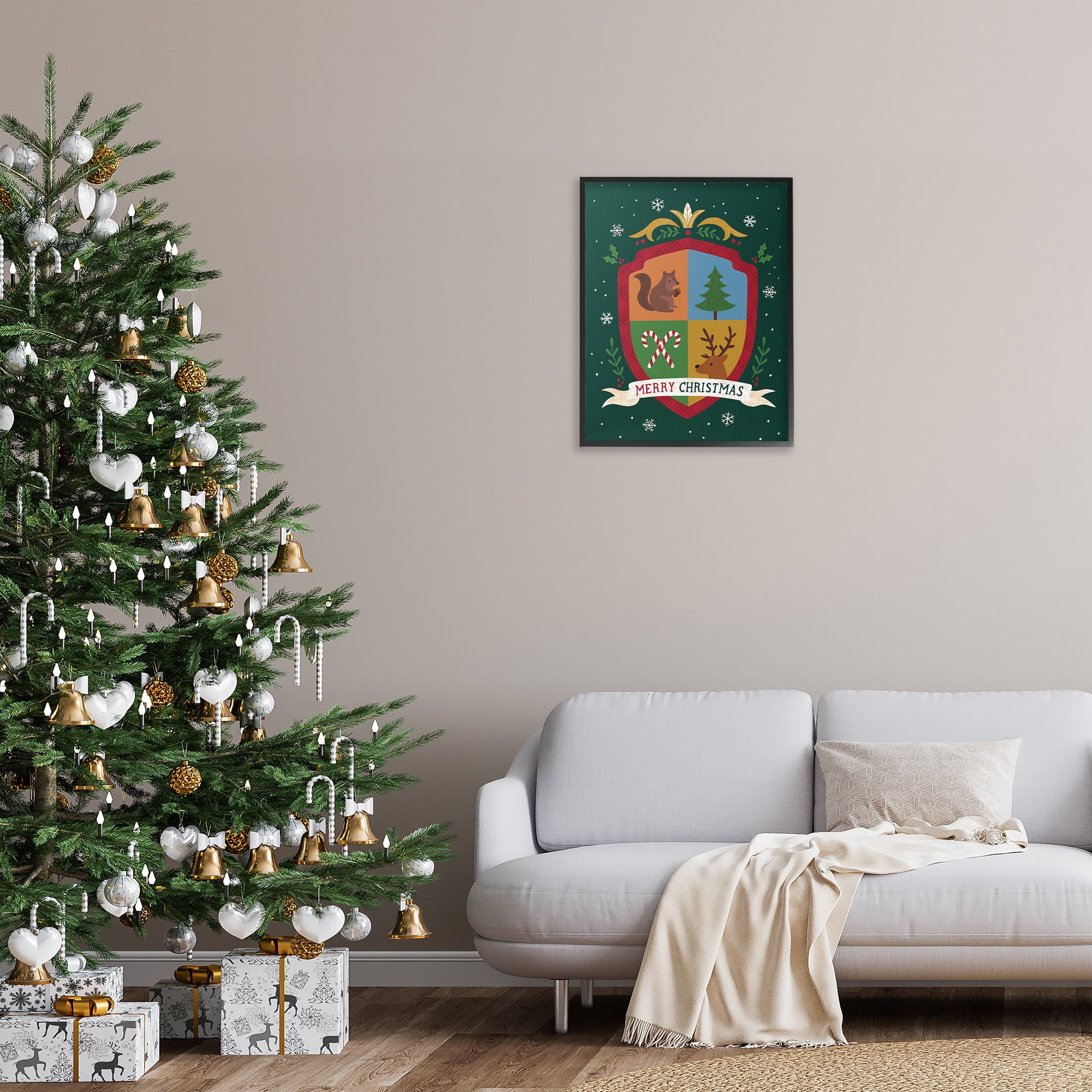 Stupell Industries Merry Christmas Woodland Crest Holiday Painting Black Framed Art Prints Wall Art, 24 x 30
