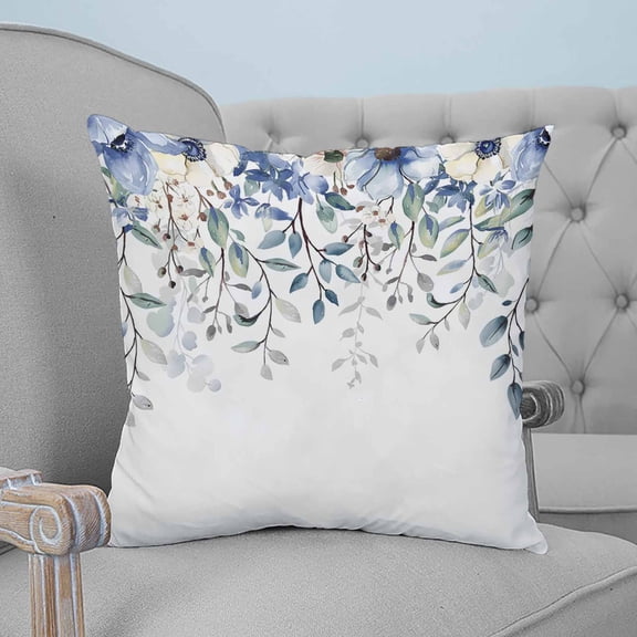 Blue Eucalyptus Throw Pillow Covers, Soft Pillowcases with Invisible Zipper, Farmhouse Flowers Leaf White Watercolor Square Pillow Cushion Covers for Living Room Couch Sofa Bed 20x20 Inches